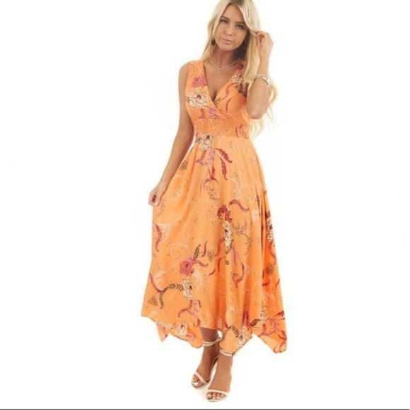 Orange Floral Hanky Hem Midi Dress - Picture 1 of 13